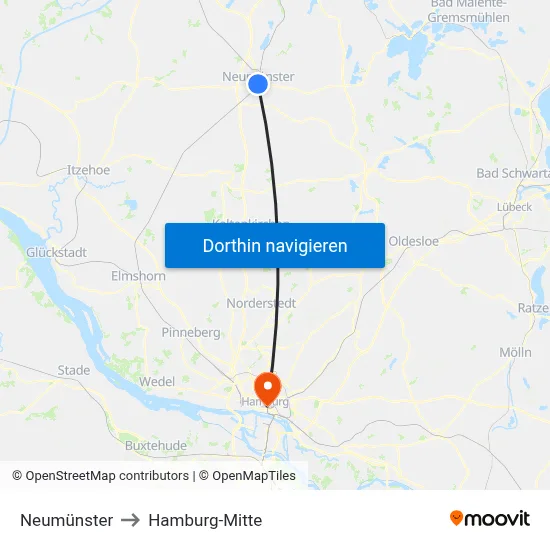 Neumünster to Hamburg-Mitte map