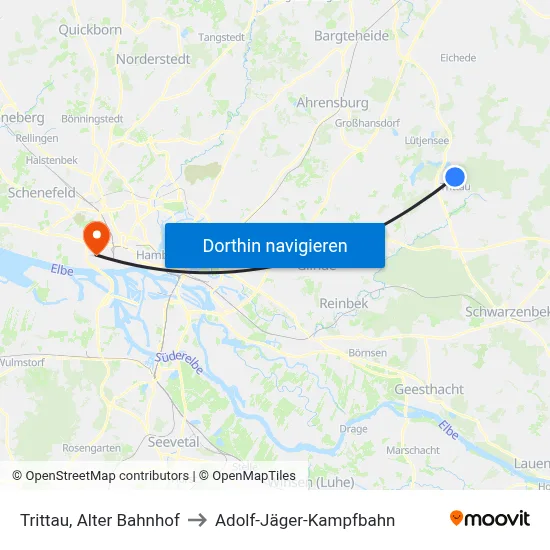 Trittau, Alter Bahnhof to Adolf-Jäger-Kampfbahn map