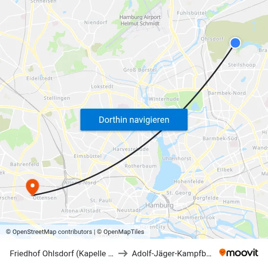 Friedhof Ohlsdorf (Kapelle 10) to Adolf-Jäger-Kampfbahn map