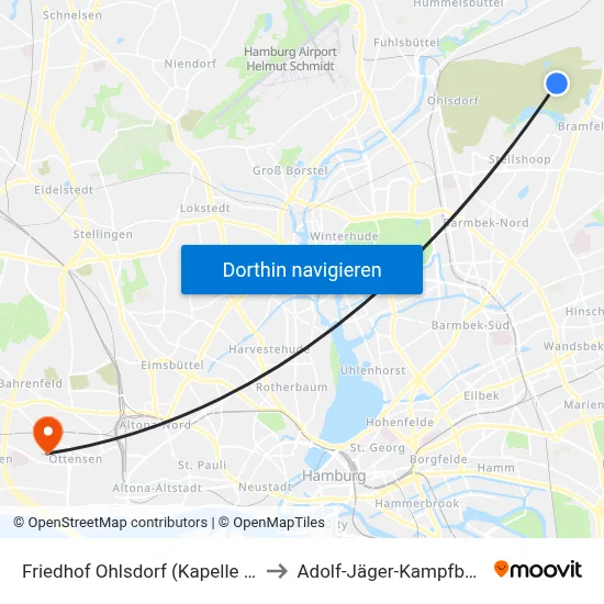 Friedhof Ohlsdorf (Kapelle 12) to Adolf-Jäger-Kampfbahn map