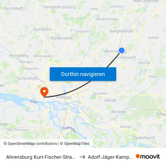 Ahrensburg Kurt-Fischer-Straße (Süd) to Adolf-Jäger-Kampfbahn map