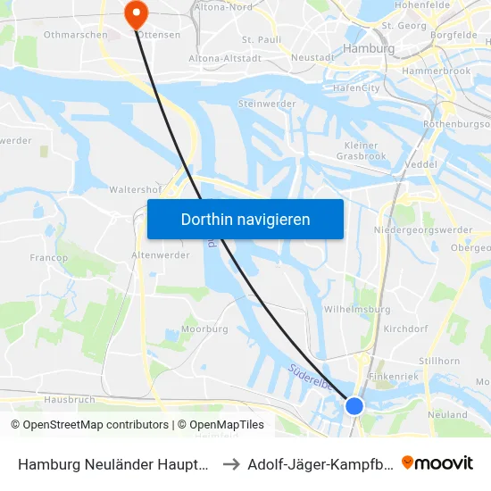 Hamburg Neuländer Hauptdeich to Adolf-Jäger-Kampfbahn map