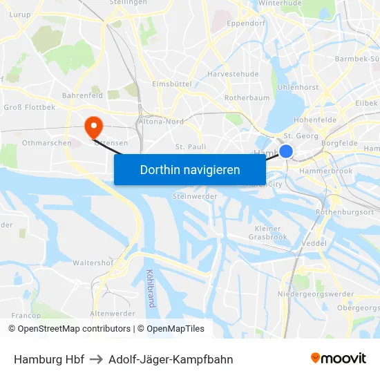 Hamburg Hbf to Adolf-Jäger-Kampfbahn map