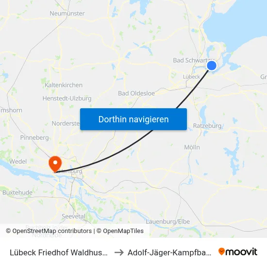 Lübeck Friedhof Waldhusen to Adolf-Jäger-Kampfbahn map