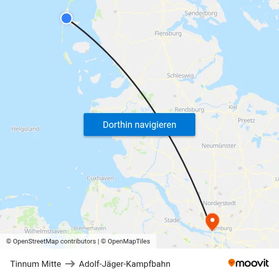 Tinnum Mitte to Adolf-Jäger-Kampfbahn map