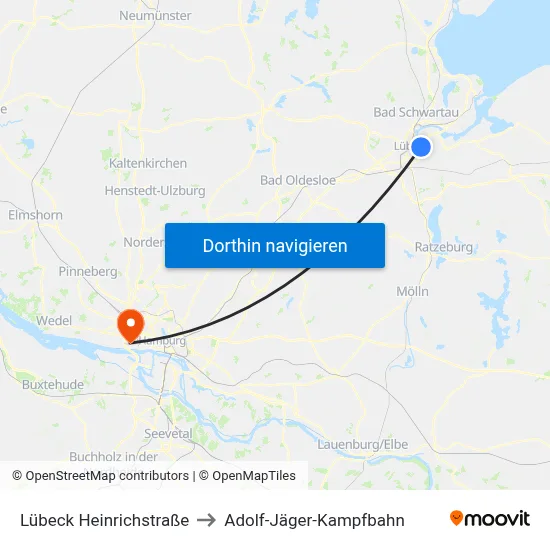 Lübeck Heinrichstraße to Adolf-Jäger-Kampfbahn map