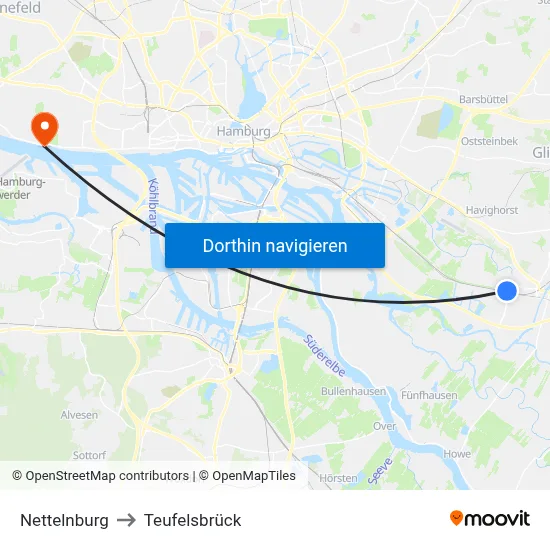 Nettelnburg to Teufelsbrück map
