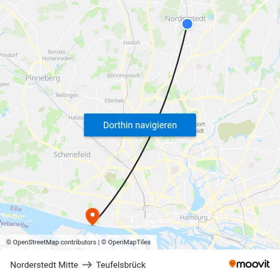 Norderstedt Mitte to Teufelsbrück map