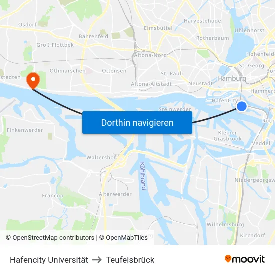 Hafencity Universität to Teufelsbrück map