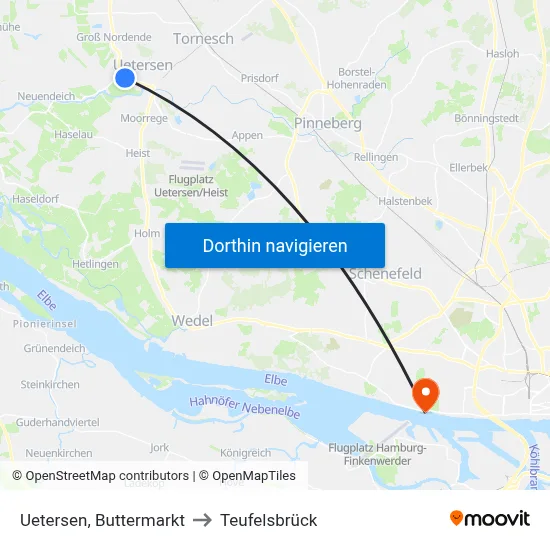 Uetersen, Buttermarkt to Teufelsbrück map