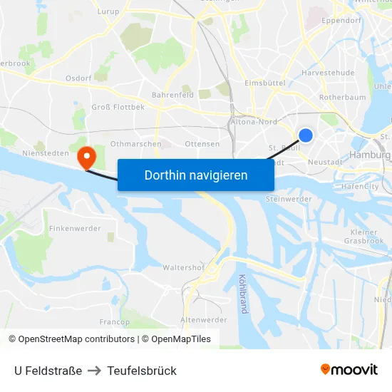 U Feldstraße to Teufelsbrück map