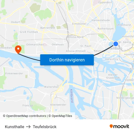 Kunsthalle to Teufelsbrück map