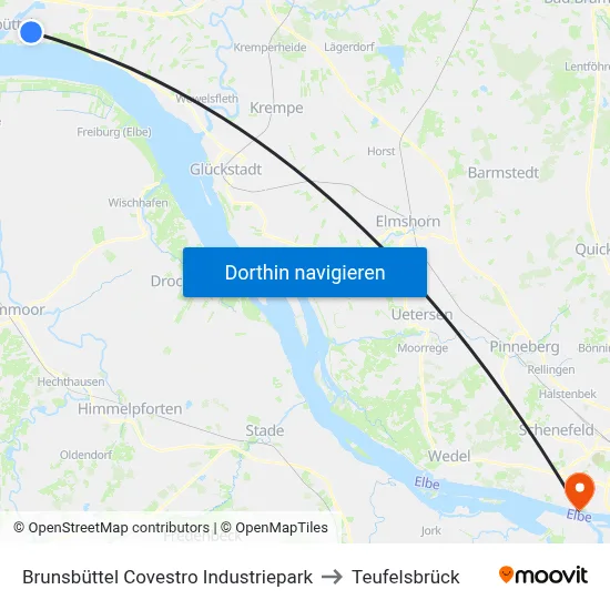 Brunsbüttel Covestro Industriepark to Teufelsbrück map