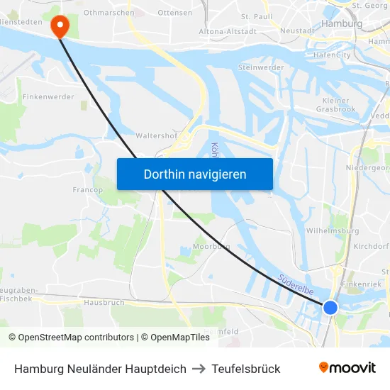 Hamburg Neuländer Hauptdeich to Teufelsbrück map