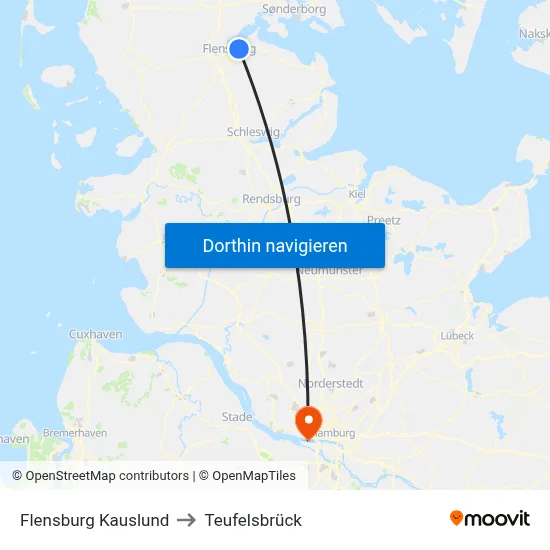 Flensburg Kauslund to Teufelsbrück map