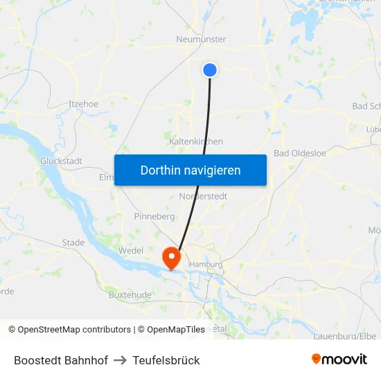 Boostedt Bahnhof to Teufelsbrück map