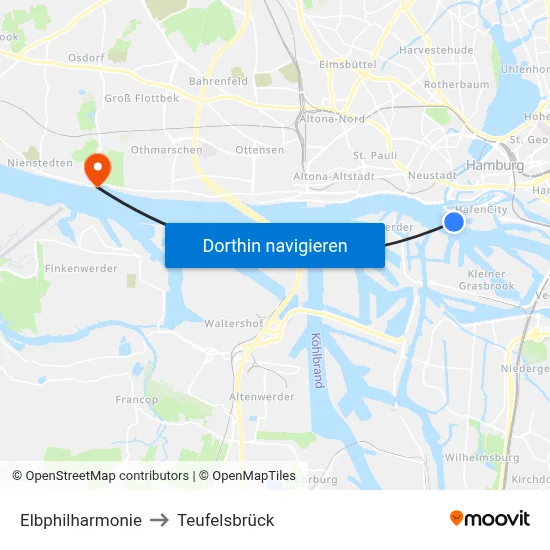 Elbphilharmonie to Teufelsbrück map