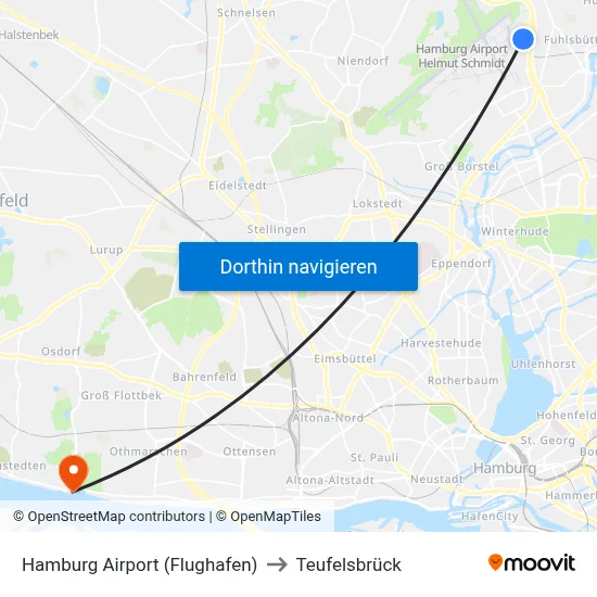 Hamburg Airport (Flughafen) to Teufelsbrück map