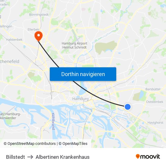 Billstedt to Albertinen Krankenhaus map