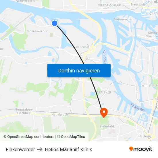 Finkenwerder to Helios Mariahilf Klinik map