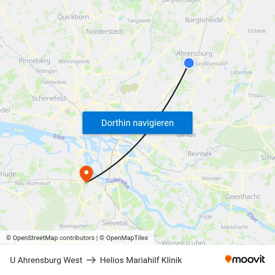 U Ahrensburg West to Helios Mariahilf Klinik map