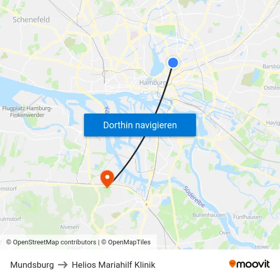 Mundsburg to Helios Mariahilf Klinik map