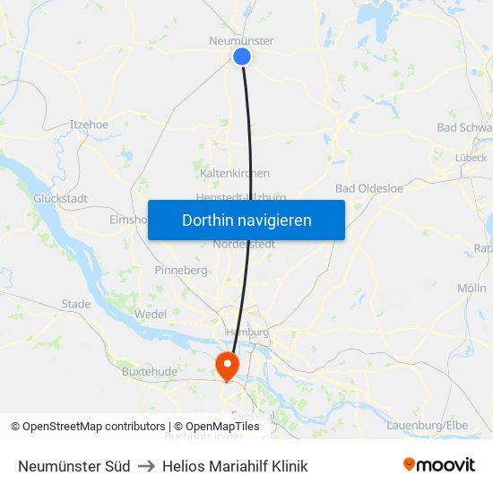Neumünster Süd to Helios Mariahilf Klinik map