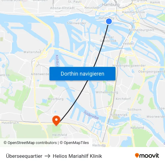 Überseequartier to Helios Mariahilf Klinik map