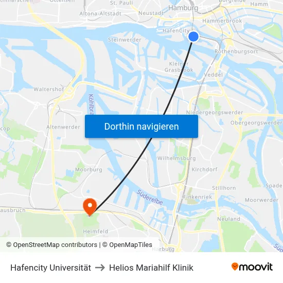 Hafencity Universität to Helios Mariahilf Klinik map