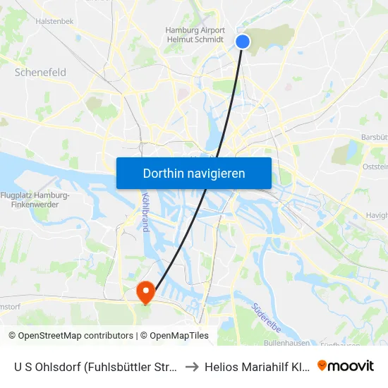 U S Ohlsdorf (Fuhlsbüttler Straße) to Helios Mariahilf Klinik map