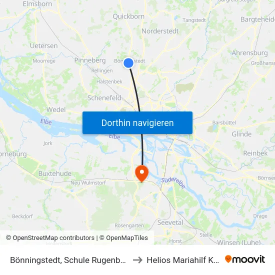 Bönningstedt, Schule Rugenbergen to Helios Mariahilf Klinik map