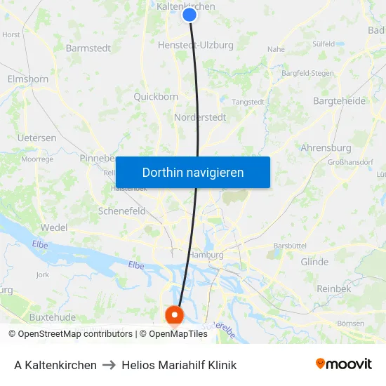 A Kaltenkirchen to Helios Mariahilf Klinik map