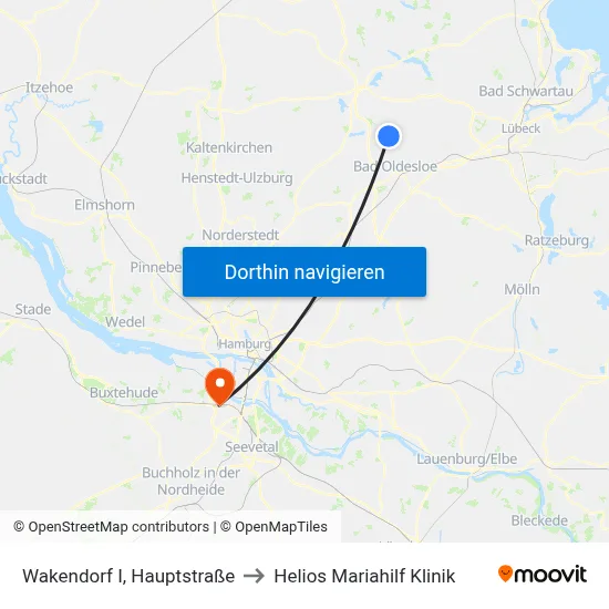 Wakendorf I, Hauptstraße to Helios Mariahilf Klinik map