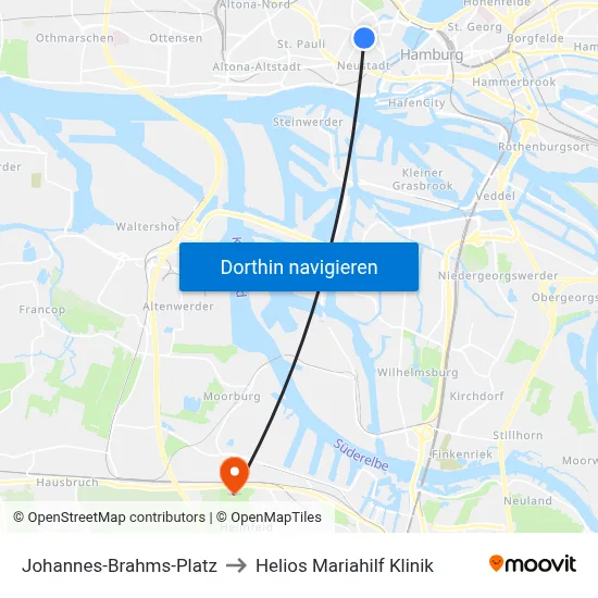 Johannes-Brahms-Platz to Helios Mariahilf Klinik map