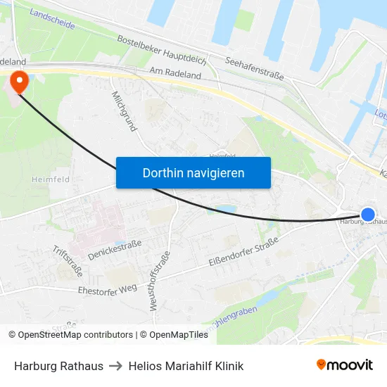Harburg Rathaus to Helios Mariahilf Klinik map