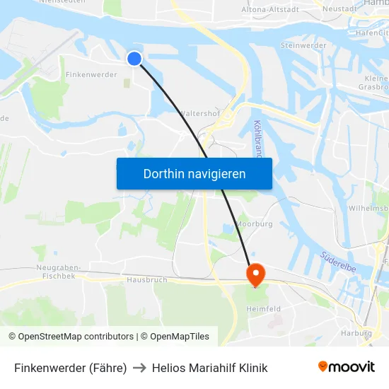 Finkenwerder (Fähre) to Helios Mariahilf Klinik map