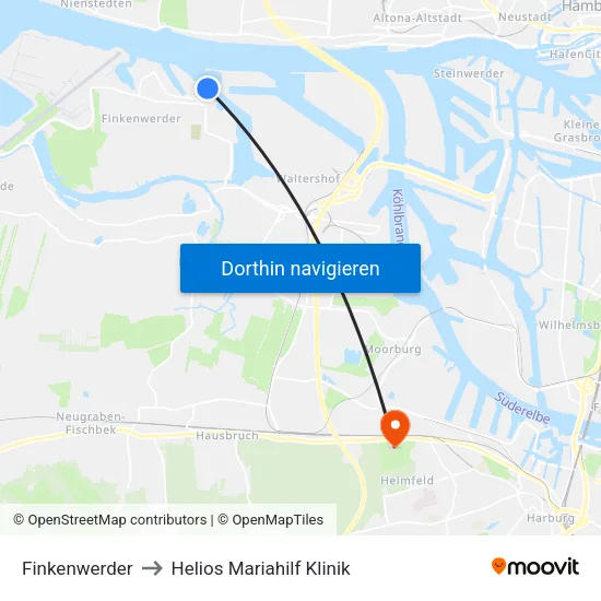 Finkenwerder to Helios Mariahilf Klinik map