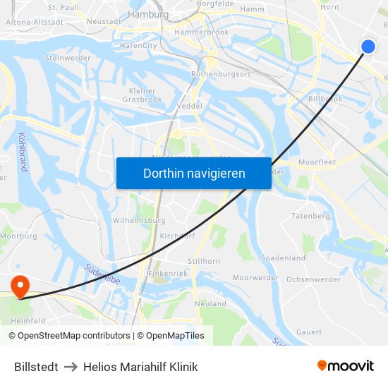 Billstedt to Helios Mariahilf Klinik map