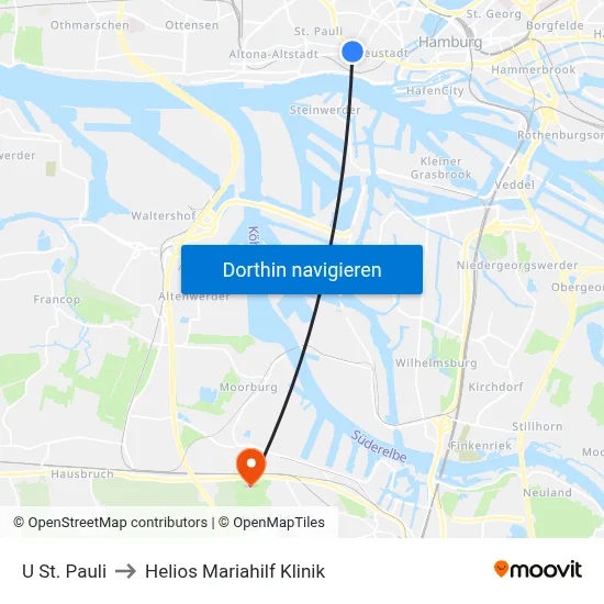 U St. Pauli to Helios Mariahilf Klinik map