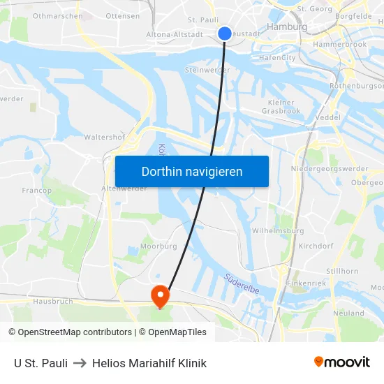 U St. Pauli to Helios Mariahilf Klinik map