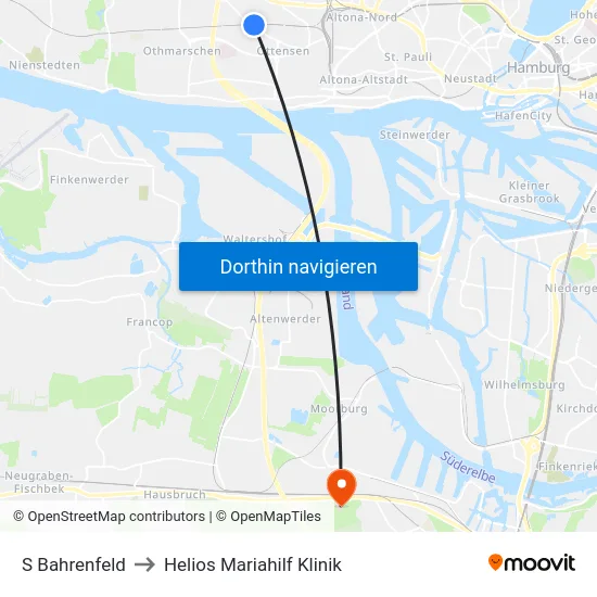 S Bahrenfeld to Helios Mariahilf Klinik map