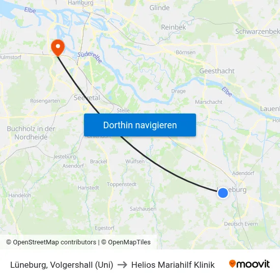 Lüneburg, Volgershall (Uni) to Helios Mariahilf Klinik map