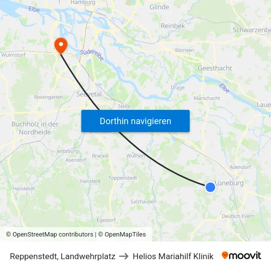 Reppenstedt, Landwehrplatz to Helios Mariahilf Klinik map