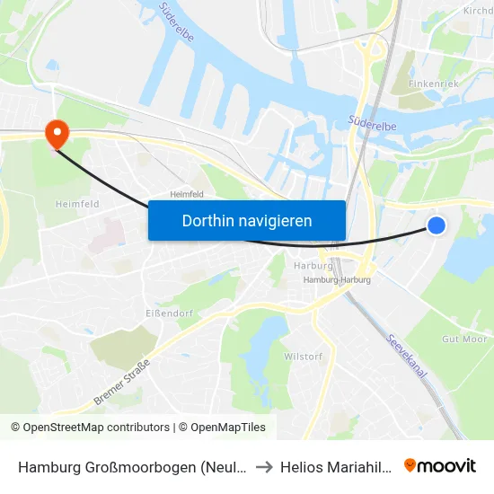 Hamburg Großmoorbogen (Neuländer See) to Helios Mariahilf Klinik map