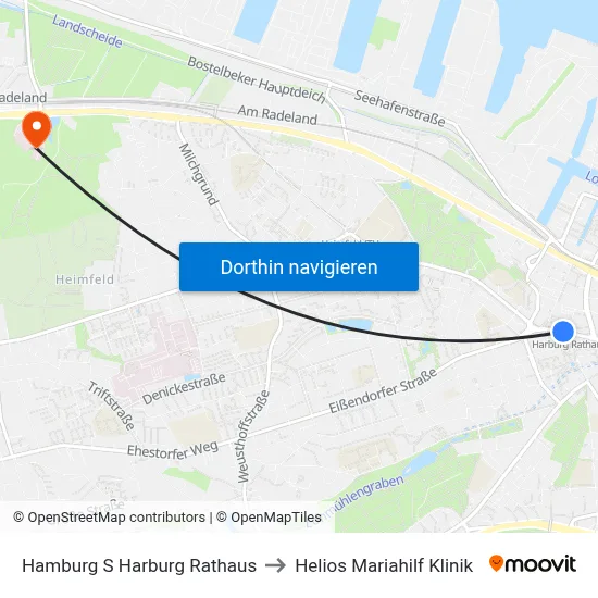 Hamburg S Harburg Rathaus to Helios Mariahilf Klinik map