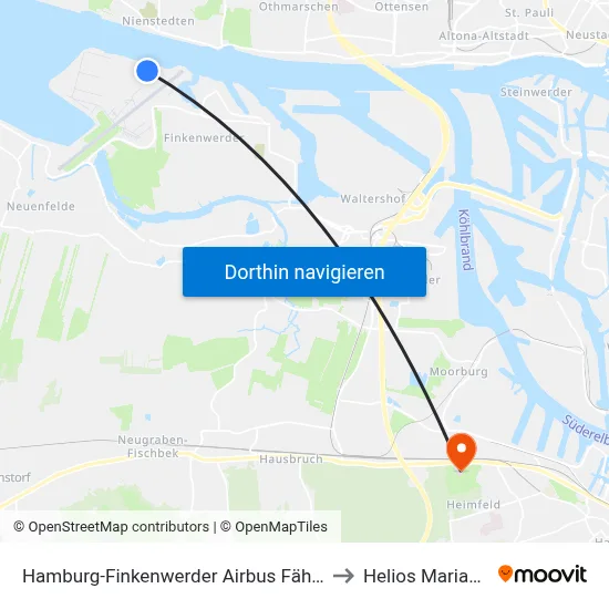 Hamburg-Finkenwerder Airbus Fähranleger/Haus 25 to Helios Mariahilf Klinik map