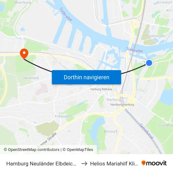 Hamburg Neuländer Elbdeich 76 to Helios Mariahilf Klinik map