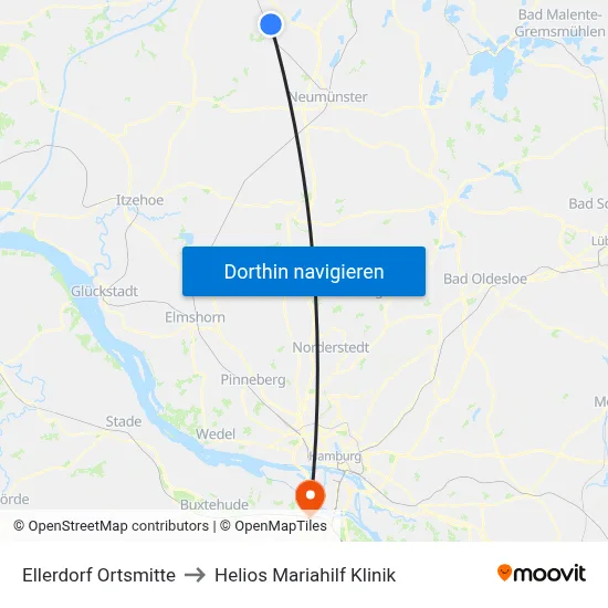 Ellerdorf Ortsmitte to Helios Mariahilf Klinik map
