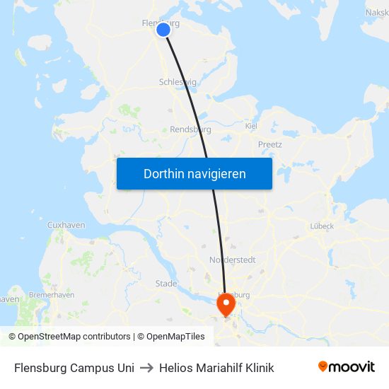 Flensburg Campus Uni to Helios Mariahilf Klinik map