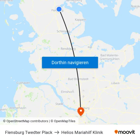 Flensburg Twedter Plack to Helios Mariahilf Klinik map